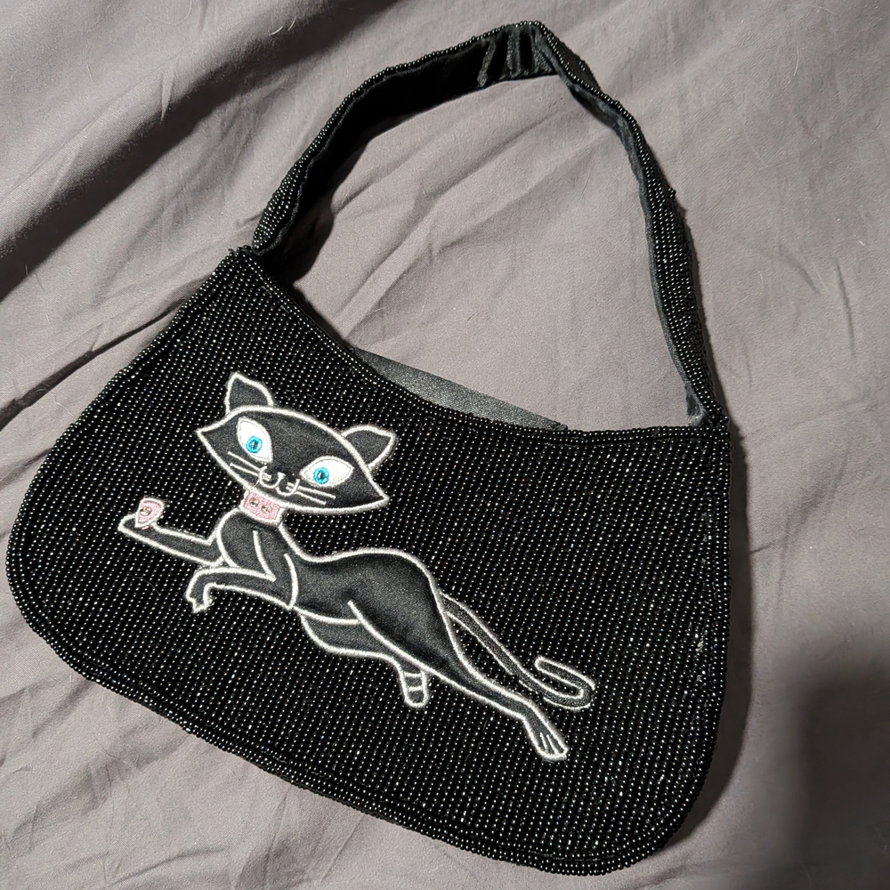 Mini Black Beaded Cat Design Handbag